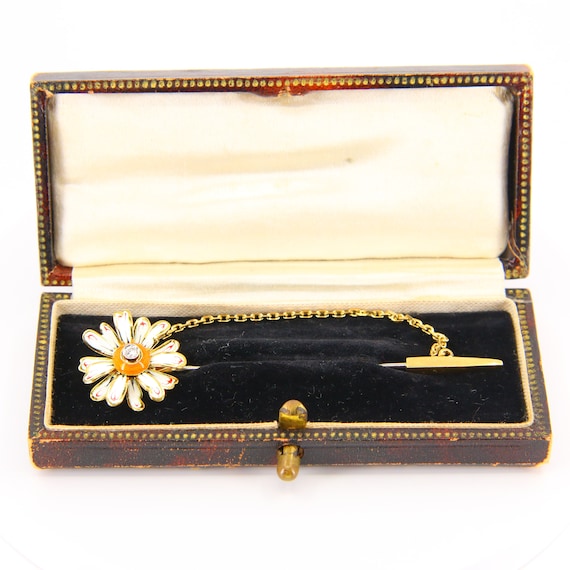 Vintage 18ct Gold Diamond Flower Pin Brooch Ename… - image 1