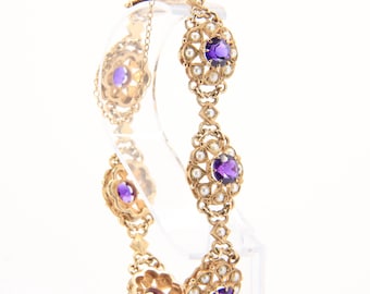 Pulsera escocesa antigua de oro de 9 quilates con sello distintivo / Diseño victoriano ornamentado con amatista y perla de semilla / Oro amarillo de 9 quilates con sello distintivo en caja de regalo