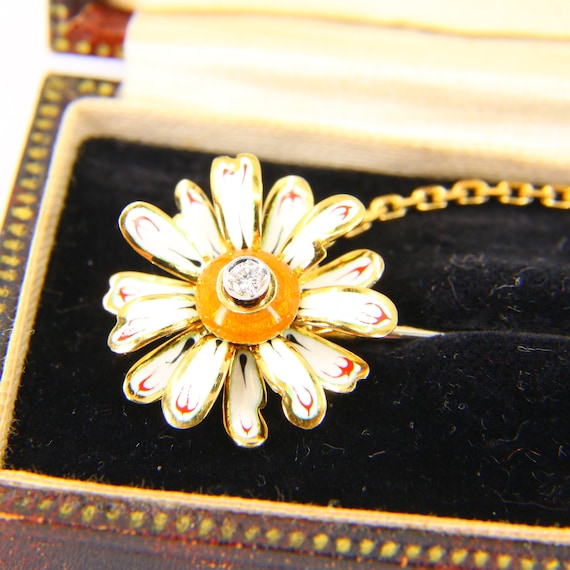 Vintage 18ct Gold Diamond Flower Pin Brooch Ename… - image 2