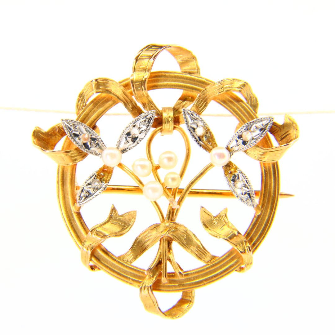 Broche Vintage Florale Avec Cristaux, Diamants Et Perles - Relief Or - Occasion