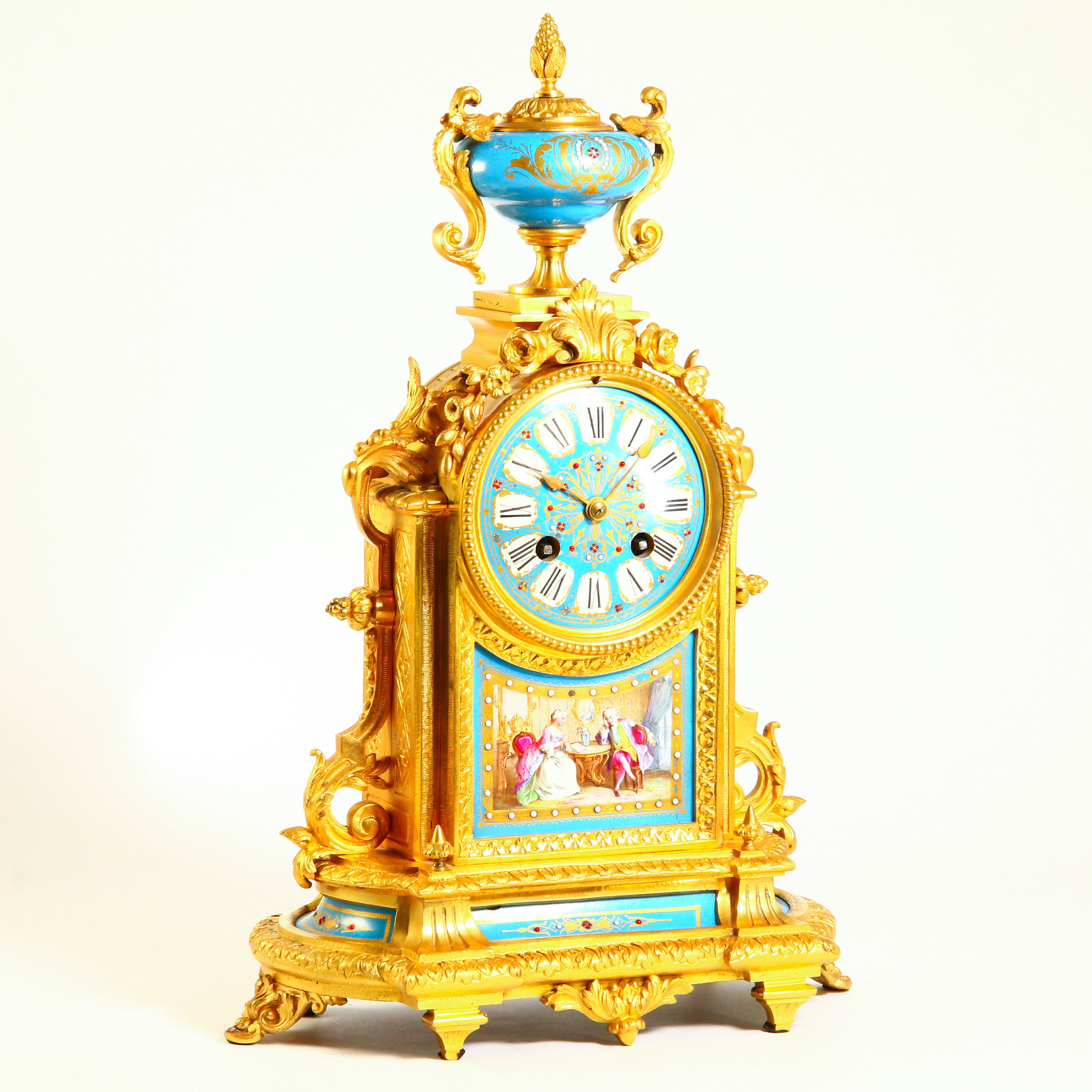 Antique French Clock Striking With Painted Scene Gilt Bronze