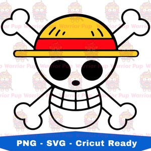 May include: A black and white skull and crossbones design with a yellow hat and red band. The design includes large black eyes and a smiling mouth. The text "PNG - SVG - Cricut Ready" is at the bottom.
