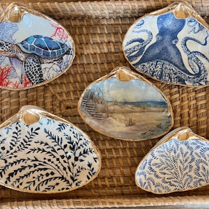 Pode incluir: Cinco pratos decorativos de concha marinha com acabamento dourado. Cada prato apresenta um design diferente em azul e branco: uma tartaruga, um polvo, uma cena de praia, um padrão floral e um padrão geométrico.