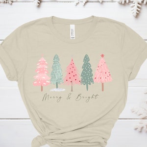 Merry And Bright, Womens Christmas Shirt, Christmas Tree Tee, Pink Christmas, Christmas Gift, Cute Christmas Shirt, Santa Shirt, Xmas Tshirt