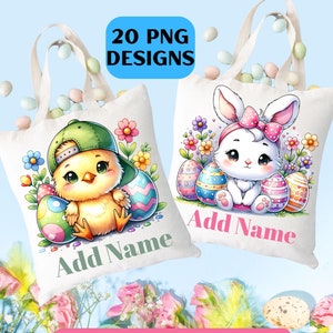 May include: Two Easter-themed tote bags with colorful designs. One bag features a cute cartoon chick wearing a baseball cap and surrounded by Easter eggs. The other bag features a white bunny with a pink bow and Easter eggs. Both bags have the text "Add Name" printed on them.