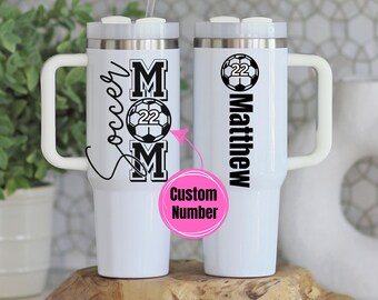 Custom Soccer Mama 40oz Tumbler, 40 oz Travel Cup with Handle, Gifts for Mom, Mother's Day, Mug, Jersey Number Personalized