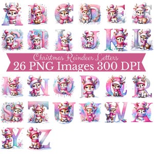 May include: A collection of 26 PNG images featuring watercolor illustrations of reindeer characters, each paired with a letter of the alphabet. The reindeer are wearing winter hats and scarves in shades of pink and blue. The text "Christmas Reindeer Letters" is displayed.