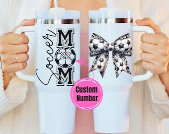 Custom Soccer Mama 40oz Tumbler, 40 oz Travel Cup with Handle, Gifts for Mom, Mother's Day, Mug, Jersey Number Personalized