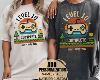 Personalized 10th Anniversary Gift For Husband Wife, Comfort Colors® Custom Level 10 Complete, Retro Video Game Shirt, Gamer Husband Gift