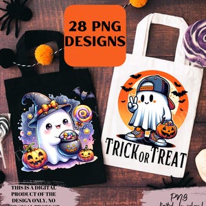 May include: A set of 28 digital designs featuring cute ghost illustrations for Halloween. The designs include a ghost wearing a witch hat and holding a candy bucket, and a ghost wearing a baseball cap and holding a pumpkin bucket. The text "Trick or Treat" is included in one of the designs.