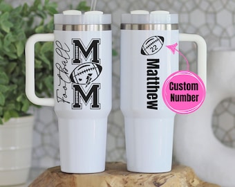 Custom Football Mama 40oz Tumbler, 40 oz Travel Cup with Handle, Gifts for Mom, Mother's Day, Mug, Jersey Number Personalized