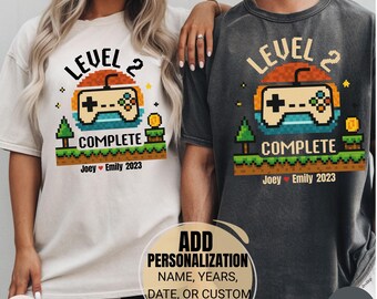 Personalized 2nd Anniversary Gift For Husband Wife, Comfort Colors® Custom Level 2 Complete, Retro Video Game Shirt, Gamer Gift Her Him