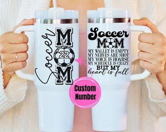Custom Soccer Mama 40oz Tumbler, 40 oz Travel Cup with Handle, Gifts for Mom, Mother's Day, Mug, Jersey Number Personalized