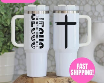 Christian Tumbler, Religious Gift for her, With God Travel 40 oz Mug, Bible Verse Scripture Cup, Praying Mama Tumbler with Handle, Jesus Mug