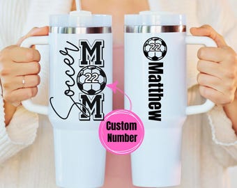Custom Soccer Mama 40oz Tumbler, 40 oz Travel Cup with Handle, Gifts for Mom, Mother's Day, Mug, Jersey Number Personalized