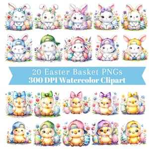 May include: 20 digital illustrations of Easter bunnies and chicks in various poses, wearing hats and holding Easter eggs. The illustrations are in a watercolour style and are perfect for crafting and digital projects.