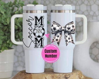 Custom Soccer Mama 40oz Tumbler, 40 oz Travel Cup with Handle, Gifts for Mom, Mother's Day, Mug, Jersey Number Personalized