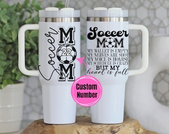Custom Soccer Mama 40oz Tumbler, 40 oz Travel Cup with Handle, Gifts for Mom, Mother's Day, Mug, Jersey Number Personalized