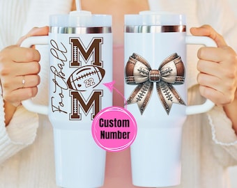 Custom Football Mama 40oz Tumbler, Coquette 40 oz Travel Cup with Handle, Gifts for Mom, Mother's Day, Mug, Jersey Number Personalized