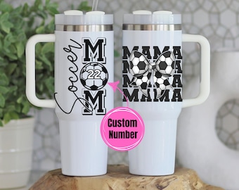 Custom Soccer Mama 40oz Tumbler, 40 oz Travel Cup with Handle, Gifts for Mom, Mother's Day, Mug, Jersey Number Personalized