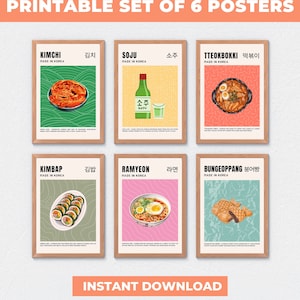 Conjunto de 6 carteles de comida coreana, arte mural imprimible de comida coreana, arte de comida asiática, impresión artística coreana, arte mural retro, estética coreana
