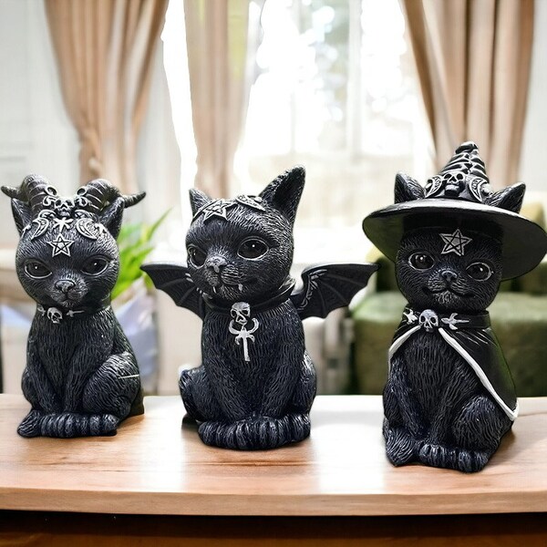 Magic Cat Resin Statue Black Vampire Kitty Demon Cat Halloween Garden Decoration For Lawn Desktop Home Ornament Figurine