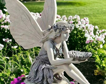 Estatuilla de hadas, escultura de estatua de resina con cuenco de hojas, decoración de Halloween al aire libre, creativa para jardín, patio, decoración de fantasía