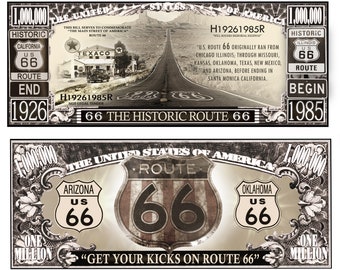 Historic Route 66 Roadway Across America Commemorative Novelty Million Bill With Semi Rigid Protector Sleeve