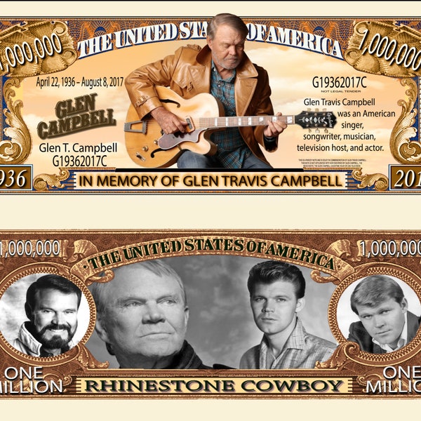 Glen Travis Campbell Country Music Singer Rhinestone Cowboy Commemorative Novelty Million Bill With Semi Rigid Protector Sleeve