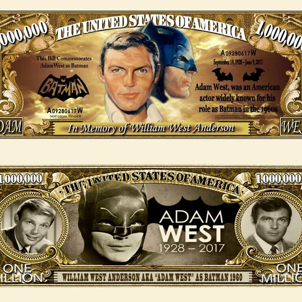 Batman Actor Original 1960’s Television Series Adam West Actor Commemorative Novelty Million Bill With Semi Rigid Protector Sleeve