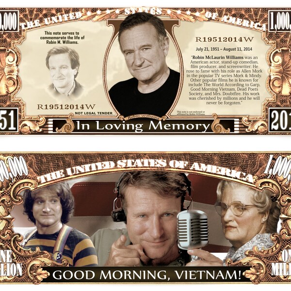 Robin Williams Actor Hollywood Mrs. Doubtfire Flubber Commemorative Novelty Million Bill With Semi Rigid Protector Sleeve