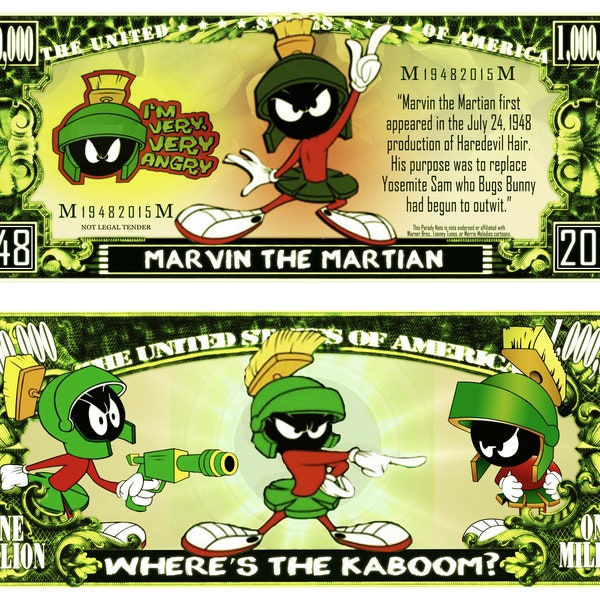 Looney Tunes Character Marvin the Martian Commemorative Novelty Million Bill With Semi Rigid Protector Sleeve