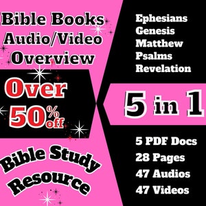 OVER 50% OFF!!! 5 in 1 bible book overview audio/video digital bible course and printable bible study aid.  Makes a great bible study gift!