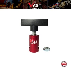 May include: A red and black woodworking clamp with the text "VAST CONCEPTS" on the side. The clamp has a black handle and a silver threaded rod. A silver nut is next to the clamp. The image also includes a 1-year warranty badge.