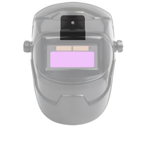 May include: A black welding helmet with a clear visor and a black lens cover. The helmet has a large, rectangular viewing area and a small, round lens cover on the top.