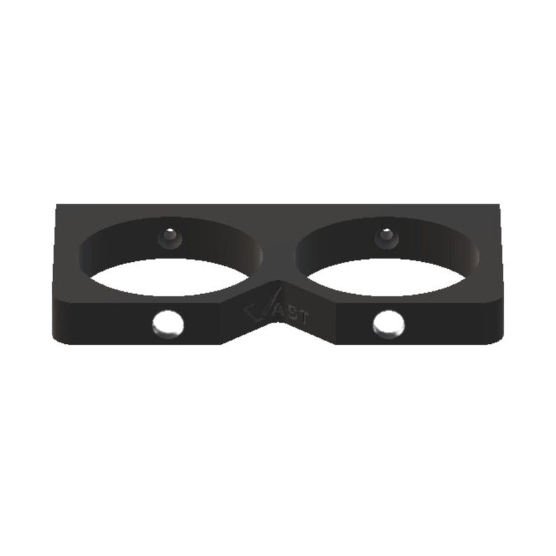 May include: Black plastic wall mount with two circular cutouts for holding two cans or bottles. The mount has two holes for attaching to a wall.