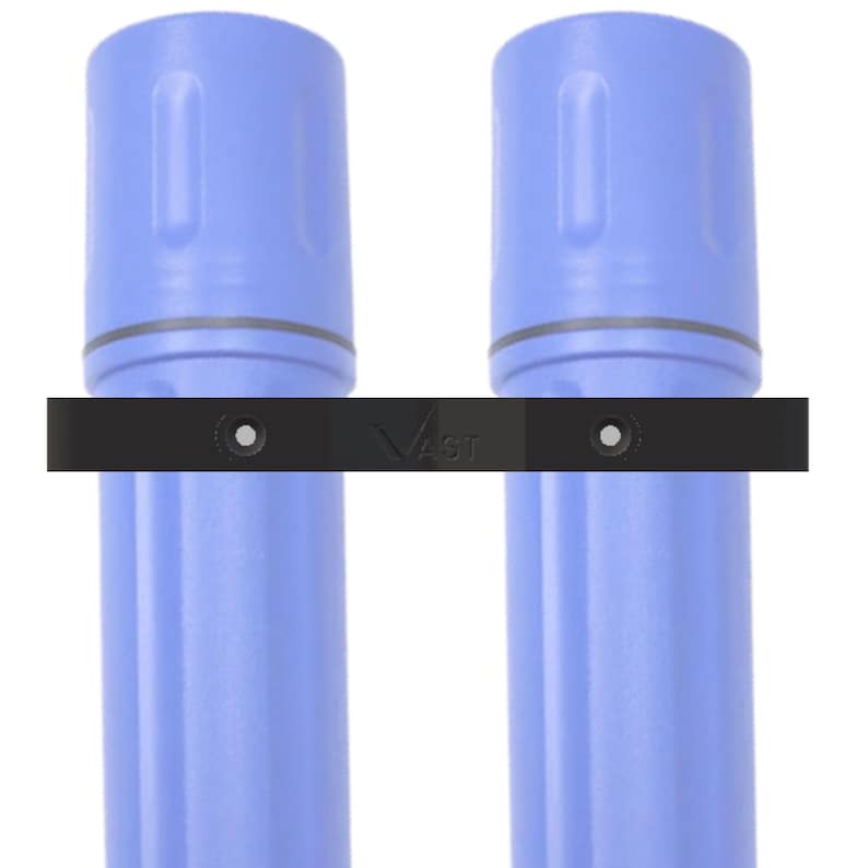 May include: Two blue water filter cartridges mounted on a black wall mount with the word "VAST" printed on it.