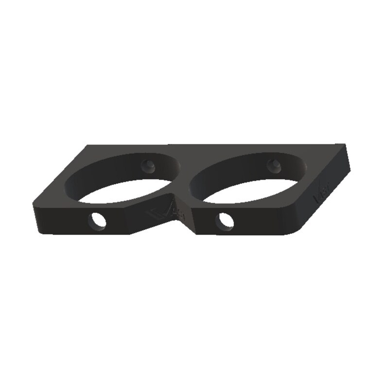 May include: Black plastic wall mount with two circular cutouts. The mount has four small holes for mounting screws.