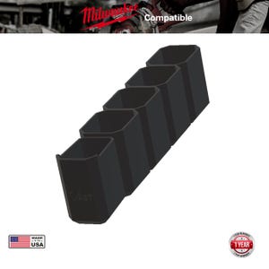 May include: Black plastic tool organiser with five hexagonal compartments. The organiser is labelled with the text "Vast" and is compatible with Milwaukee tools. The image includes a "Made in USA" graphic and a "1 Year Warranty" badge.