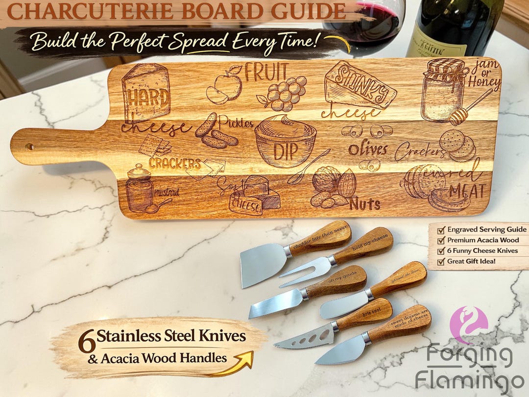 Acacia Wood Charcuterie Board Guide With Funny Cheese Knives Set - Etsy