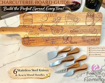 May include: A wooden charcuterie board with engraved food illustrations and text, including "HARD cheese" and "CRACKERS." It includes six stainless steel knives with acacia wood handles, perfect for serving cheese and snacks.