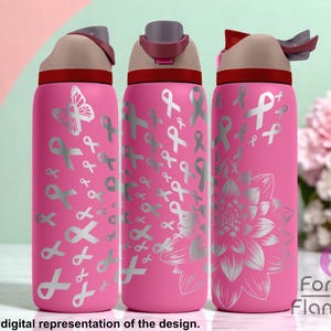 May include: Three pink water bottles with silver ribbon and butterfly designs. Each bottle has a gray lid and a red accent. One bottle features a butterfly, another has scattered ribbons, and the third has a flower design.