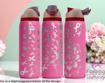 May include: Three pink water bottles with silver ribbon and butterfly designs. Each bottle has a gray lid and a red accent. One bottle features a butterfly, another has scattered ribbons, and the third has a flower design.