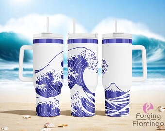 May include: Three white travel mugs with blue wave and mountain designs. Each mug has a white handle, a white lid with a blue band, and a white straw. The mugs are on a sandy beach with a blue ocean background.