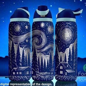 May include: Three navy blue water bottles with a starry night design. The bottles feature a silver illustration of a swirling night sky, trees, and a house. The lids are navy blue with a light blue accent. The text at the bottom says, "This is a digital representation of the design."