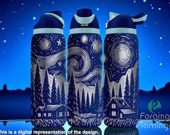 May include: Three navy blue water bottles with a starry night design. The bottles feature a silver illustration of a swirling night sky, trees, and a house. The lids are navy blue with a light blue accent. The text at the bottom says, "This is a digital representation of the design."