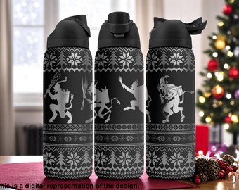 May include: Black water bottles with a festive design. The bottles feature a repeating pattern of snowflakes and fir trees, with illustrations of Krampus figures. The bottles have black lids and are displayed on a red surface.