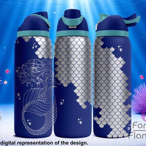 May include: Three navy blue water bottles with a mermaid and scale design. The bottles have a silver mermaid illustration and silver scale pattern. The lids are navy blue with a teal accent. The background is an underwater scene with fish and coral.