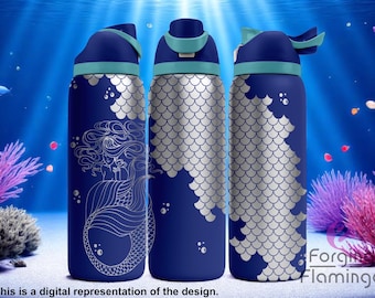 May include: Three navy blue water bottles with a mermaid and scale design. The bottles have a silver mermaid illustration and silver scale pattern. The lids are navy blue with a teal accent. The background is an underwater scene with fish and coral.