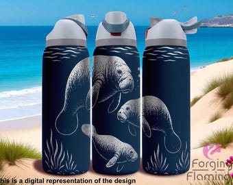 Vaso térmico de acero inoxidable Owa/a Manatees grabado con láser de 24/32/40 oz con pajita.